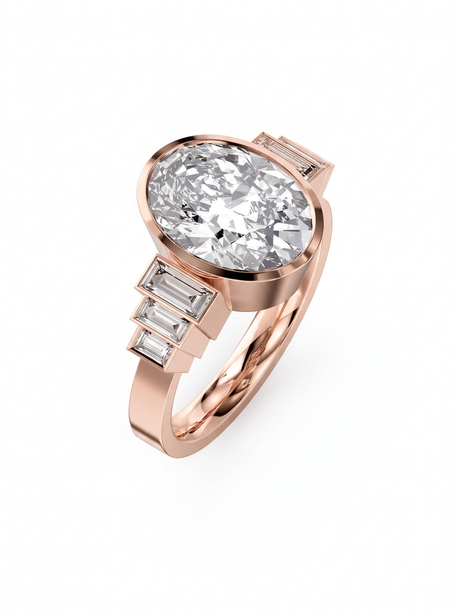 Rose gold engagement ring featuring a large oval center diamond flanked by three baguette diamonds on each side.