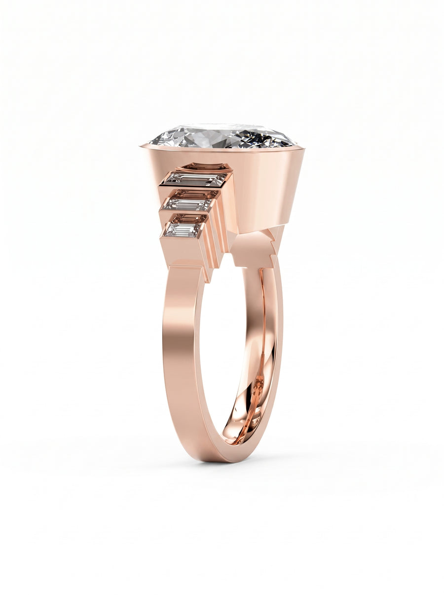 Rose gold engagement ring featuring an oval center diamond and baguette side stones in an art deco setting.