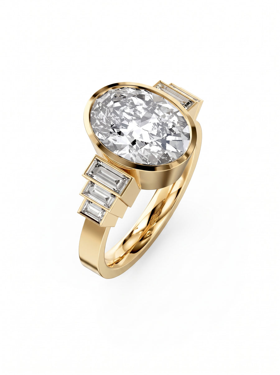 Oval cut diamond engagement ring in yellow gold with three baguette diamonds on each side.