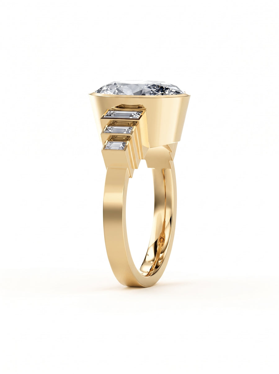 Gold engagement ring with an oval center diamond and three baguette side diamonds in an art deco setting.