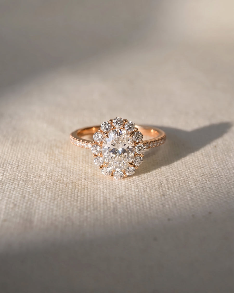 18ct rose gold oval cut claw set halo ring with a 1ct lab grown diamond.