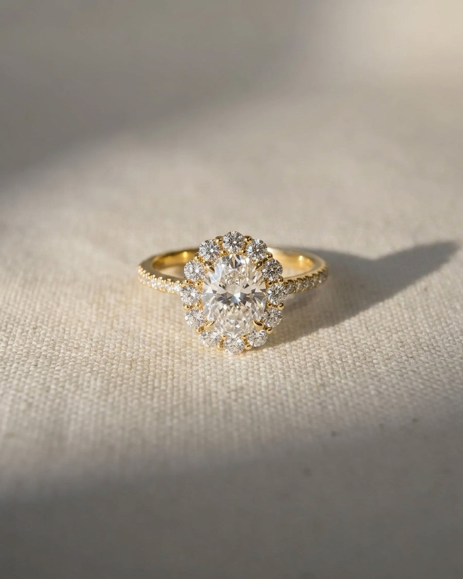 18ct yellow gold oval cut lab grown diamond halo ring.