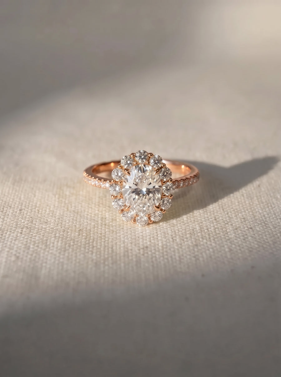Oval cut diamond engagement ring with a diamond halo in rose gold on a textured fabric background.