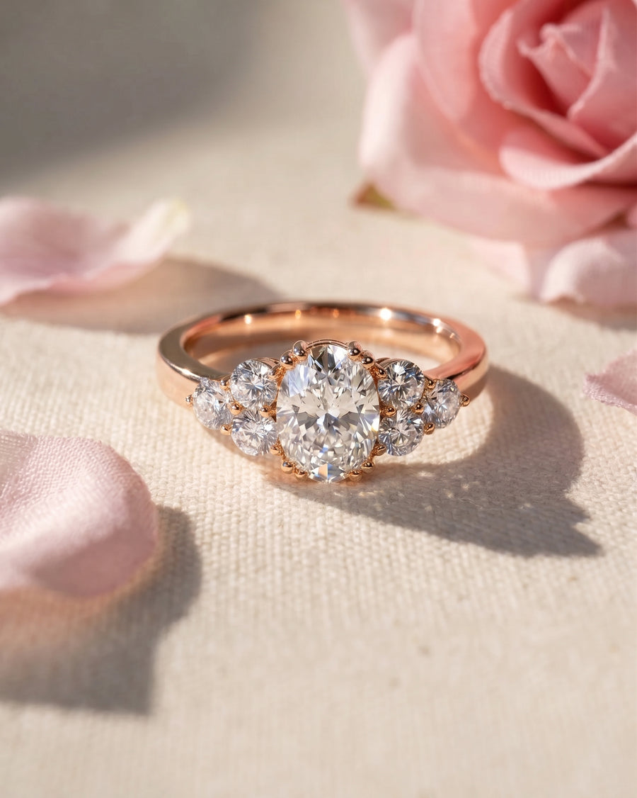 18ct rose gold engagement ring with an oval cut diamond and trefoil claw setting.