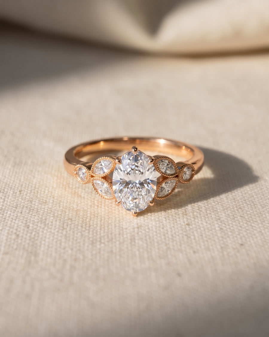 18ct rose gold oval cut engagement ring with lab grown diamond and marquise side stones.