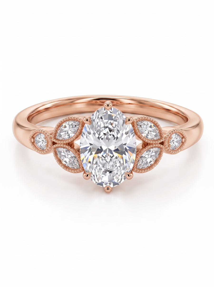 Oval cut diamond engagement ring in rose gold with marquise and round side stones in a vintage setting.