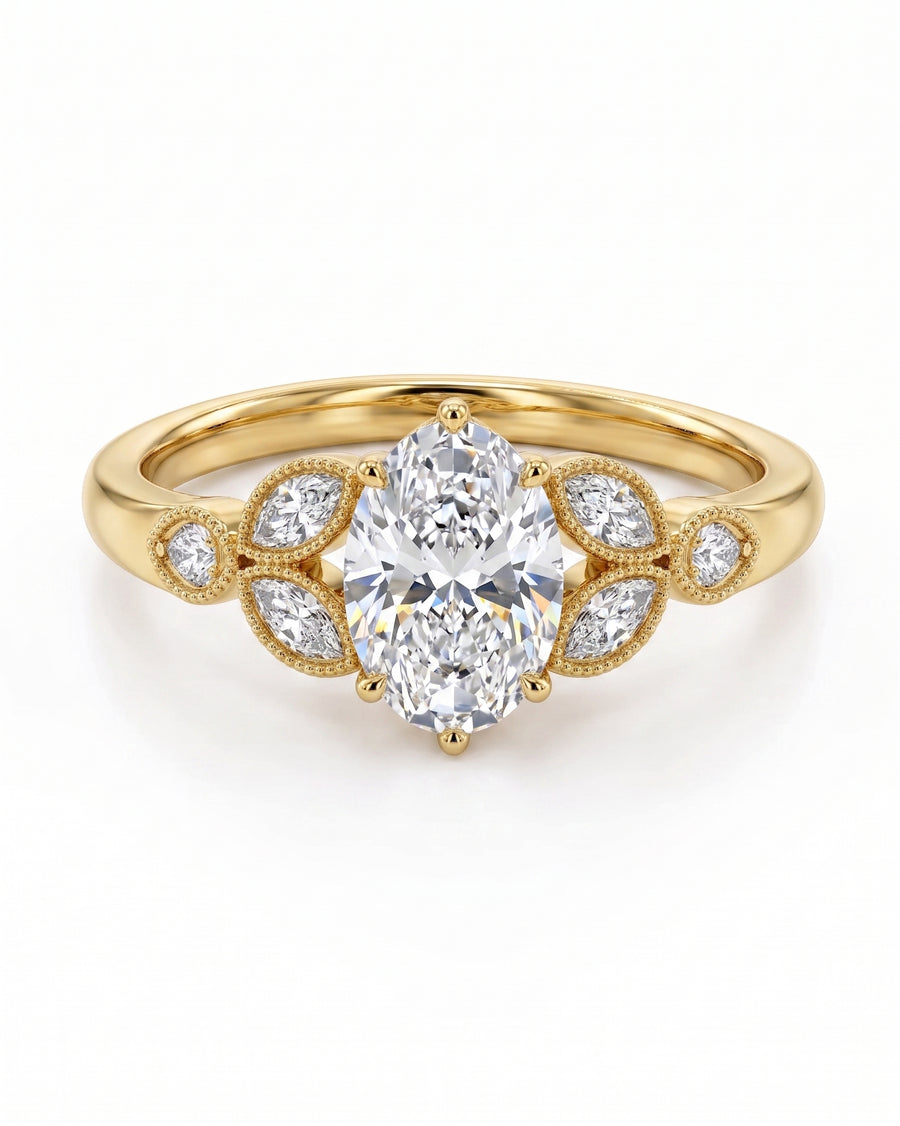 Oval cut diamond engagement ring in yellow gold with marquise and round side stones.