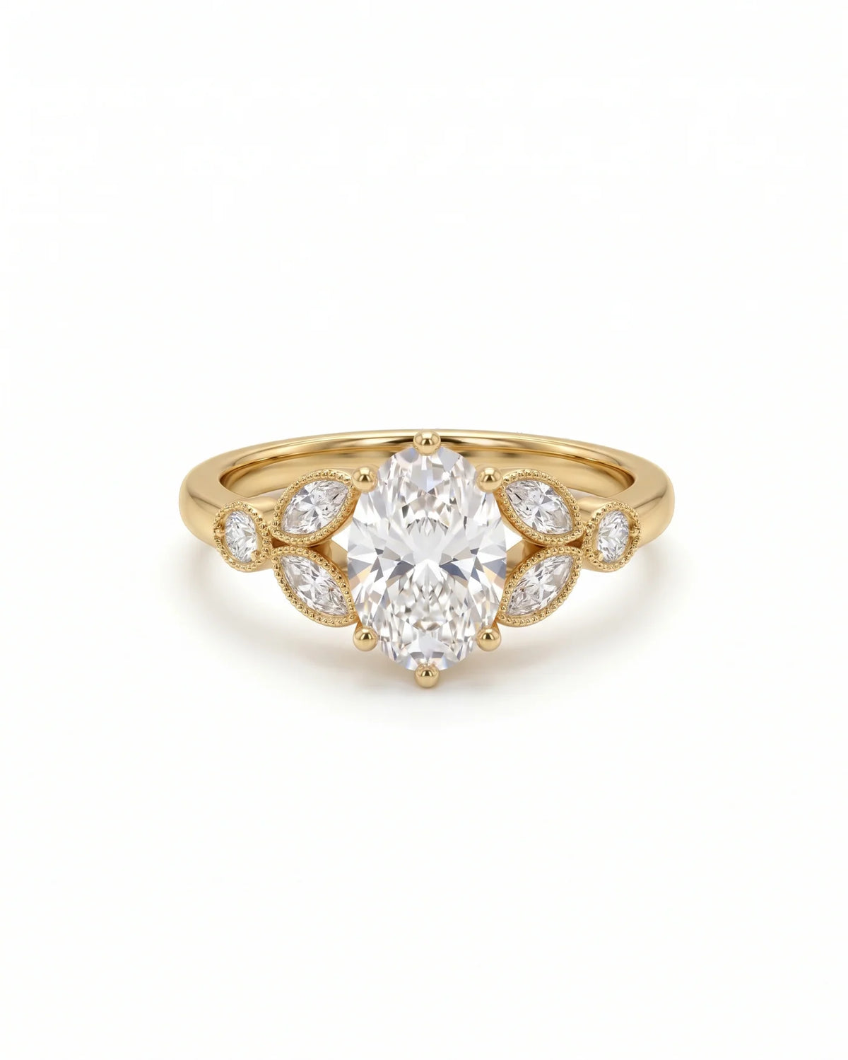 Oval cut diamond engagement ring in yellow gold with marquise and round side stones.