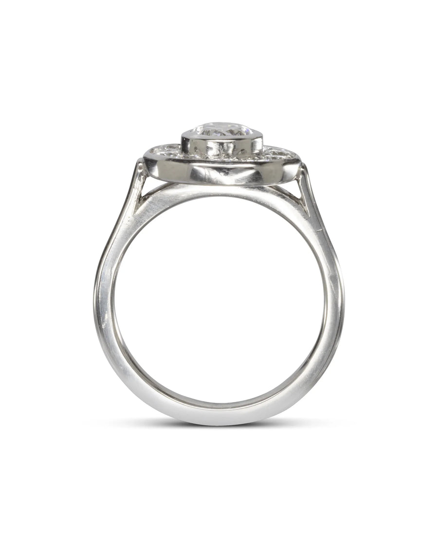 Side View Oval Diamond Platinum Cluster Ring Ring Pruden and Smith