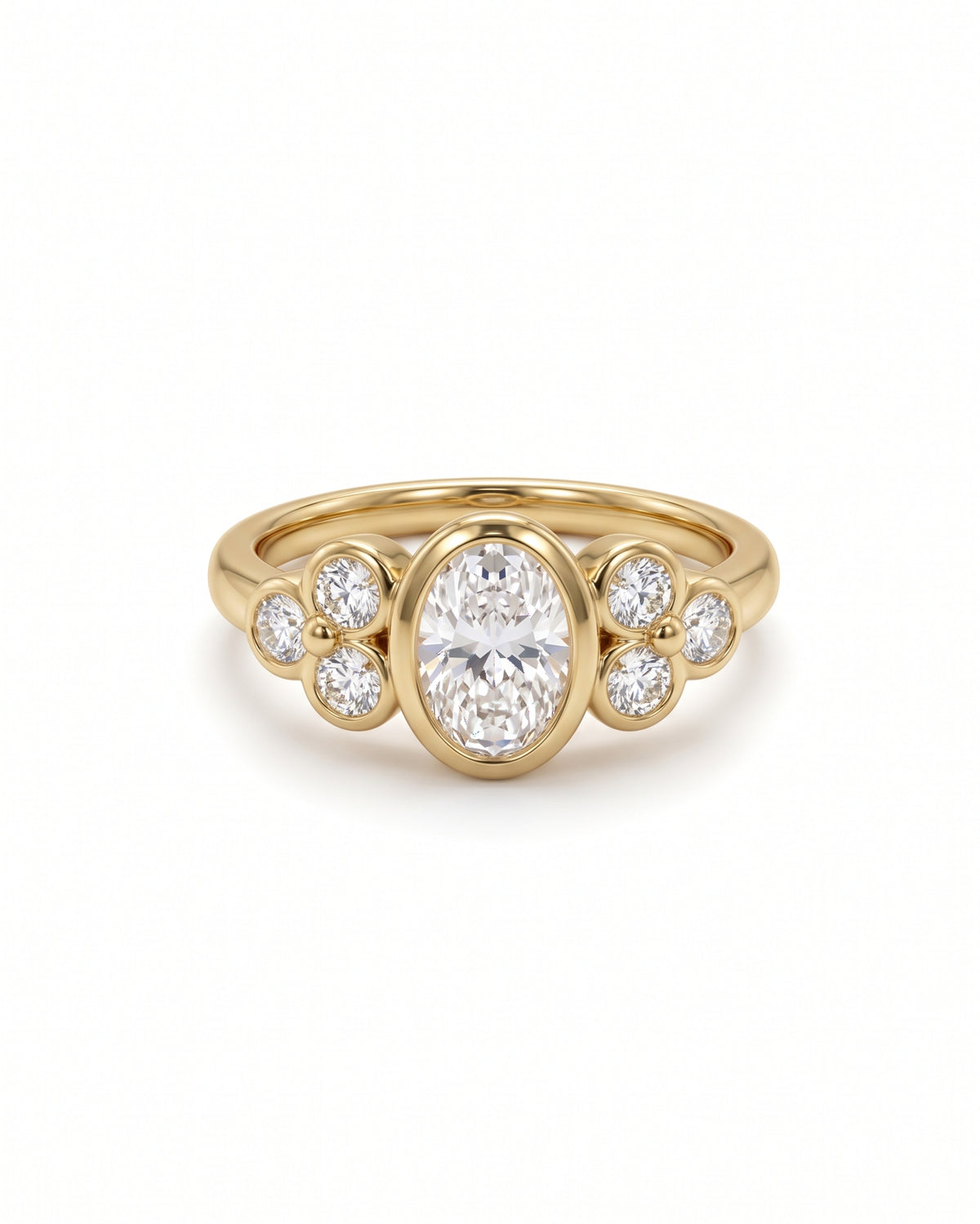 Oval diamond engagement ring in 18ct yellow gold with trefoil clusters of round accent diamonds.