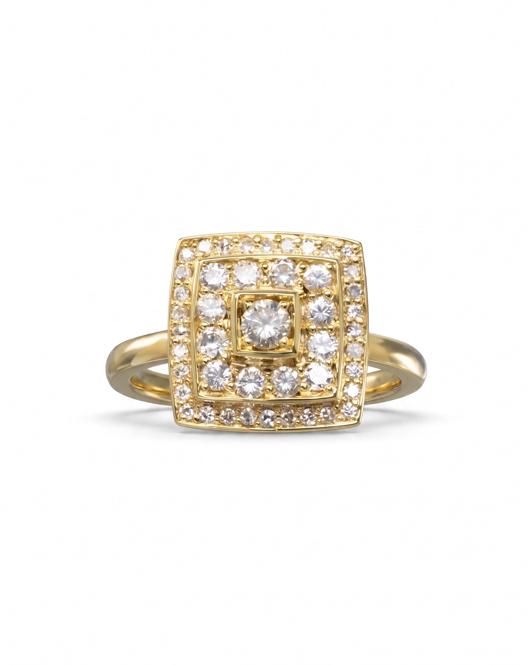 Gold cluster engagement ring with a square diamond halo design.