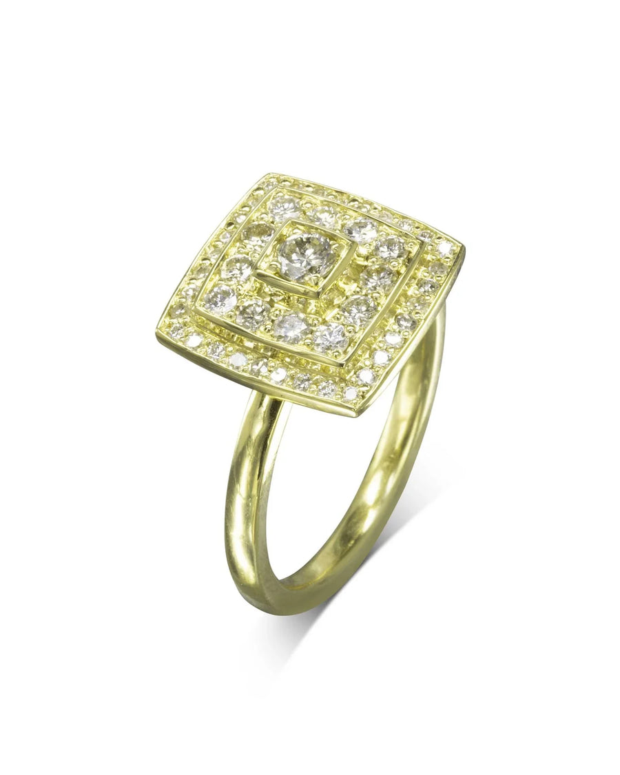 Gold cluster engagement ring with square, tiered diamond design.