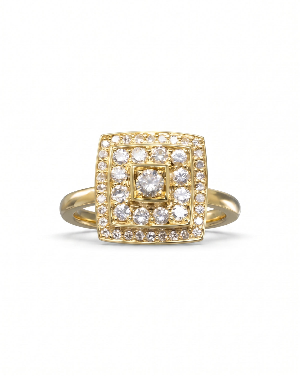 Gold cluster engagement ring with a square diamond halo design.