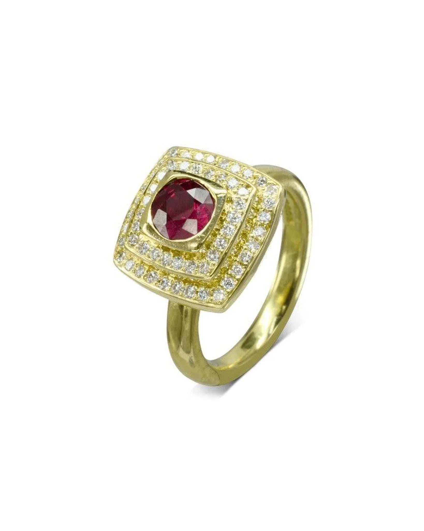 Pagoda Ruby and Diamond Yellow Cluster Engagement Ring Ring Pruden and Smith