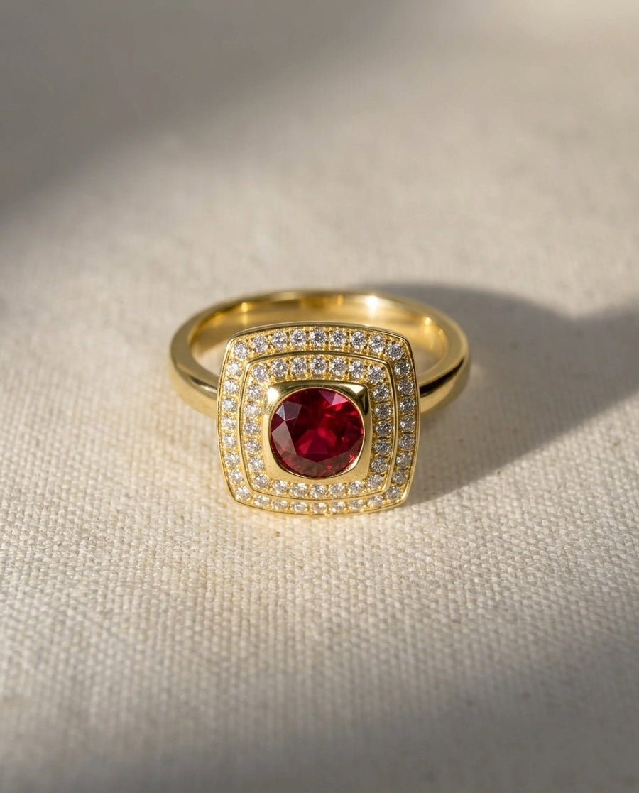 Yellow gold cluster ring with a central ruby and diamond halo.
