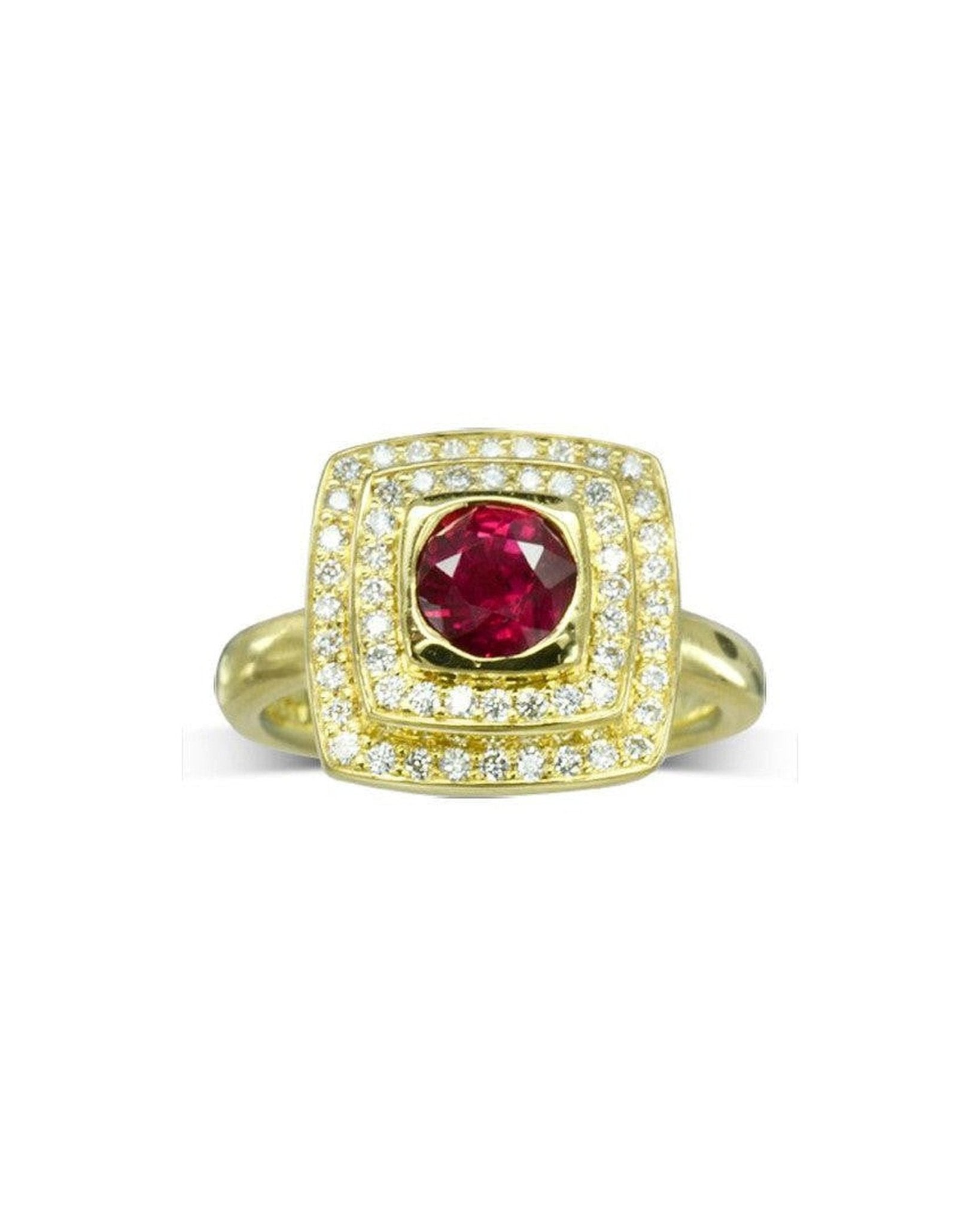 Pagoda Ruby and Diamond Yellow Cluster Engagement Ring Ring Pruden and Smith