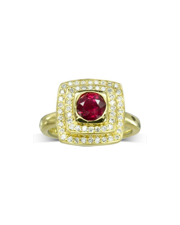 Pagoda Ruby and Diamond Yellow Cluster Engagement Ring Ring Pruden and Smith