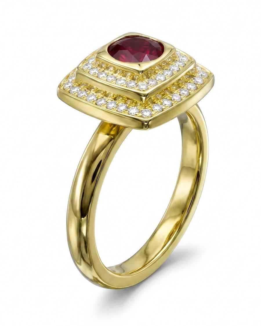 Yellow gold cluster ring with a cushion-cut ruby and diamond accents.