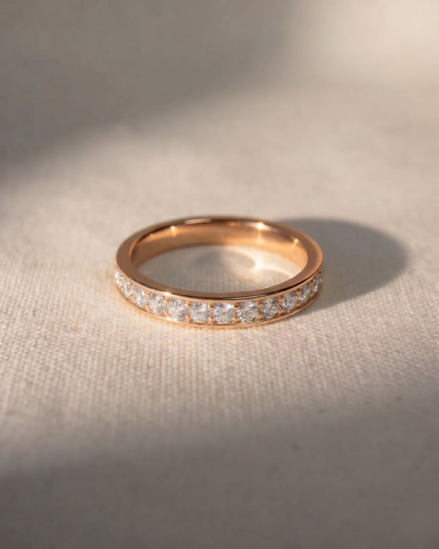 18ct rose gold pavé diamond ring with a 2.5mm band.