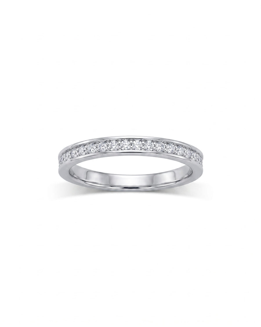 White gold pavé diamond ring with a single row of round diamonds.