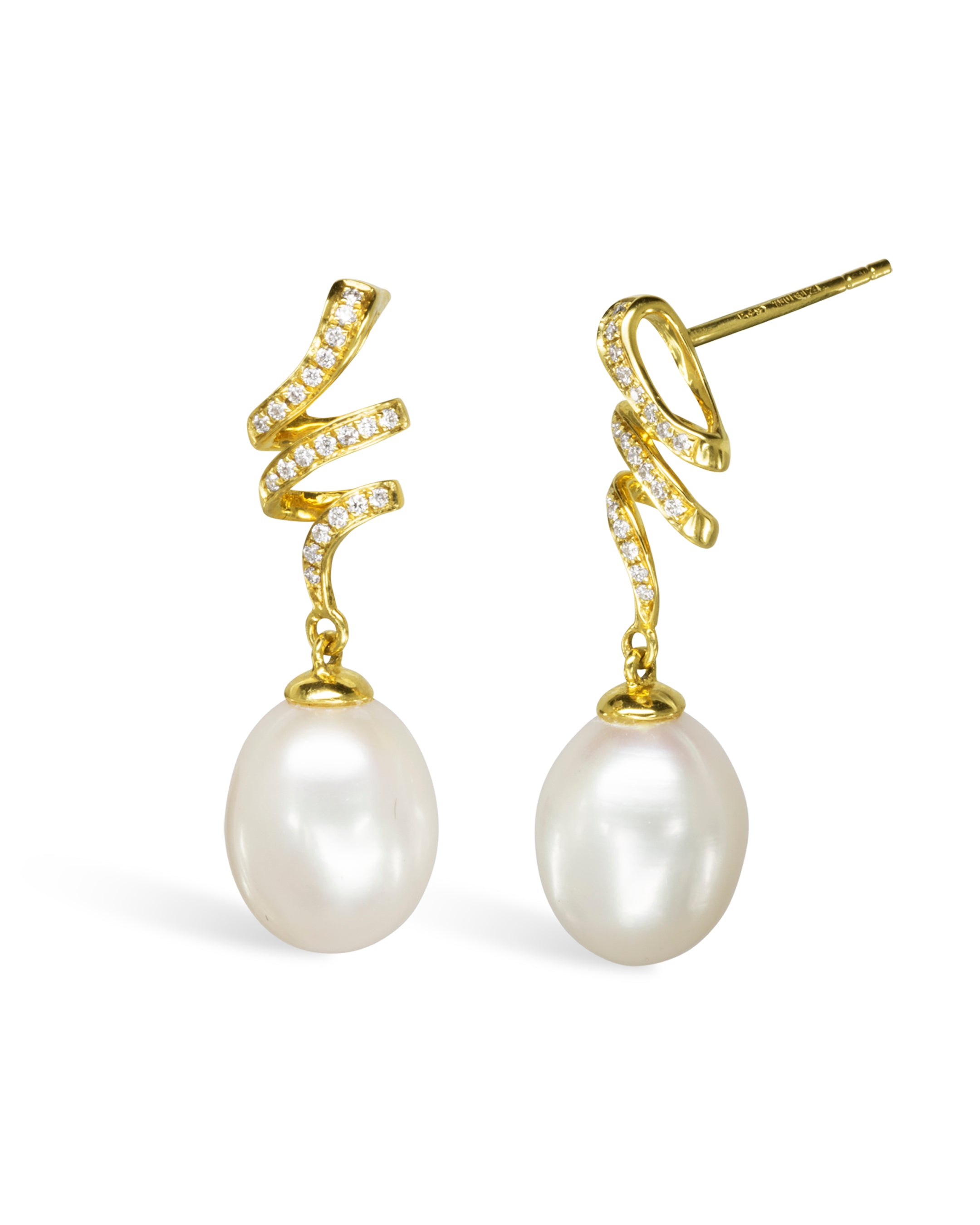 Ribbon Pearl and Diamond Drop Earrings Earrings Pruden and Smith Yellow Gold