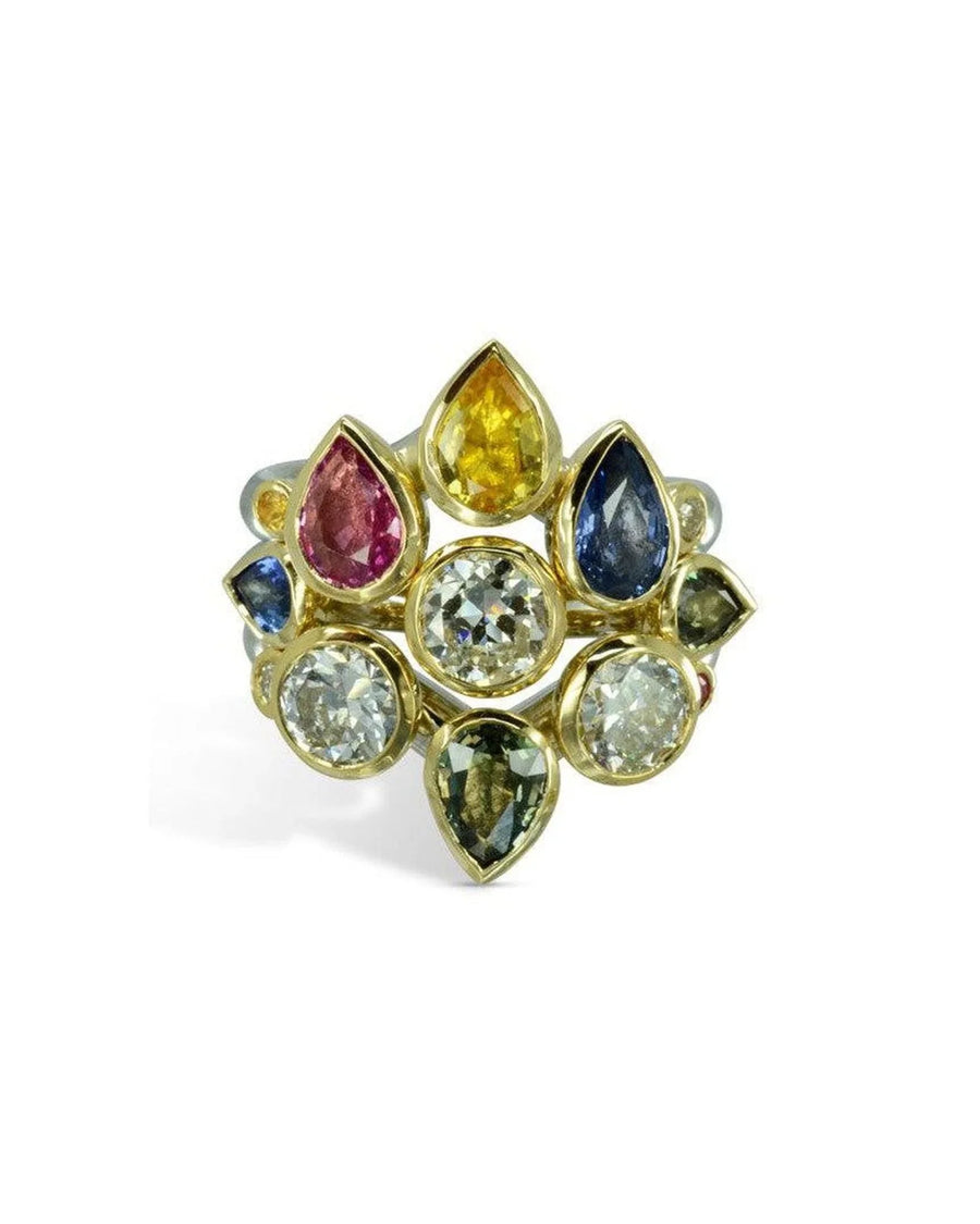 Gold stacking ring set with colorful sapphire and diamond gemstones in a peacock design