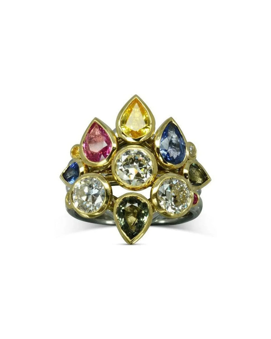 Gold stacking ring set with colorful sapphires and diamonds in organic shapes