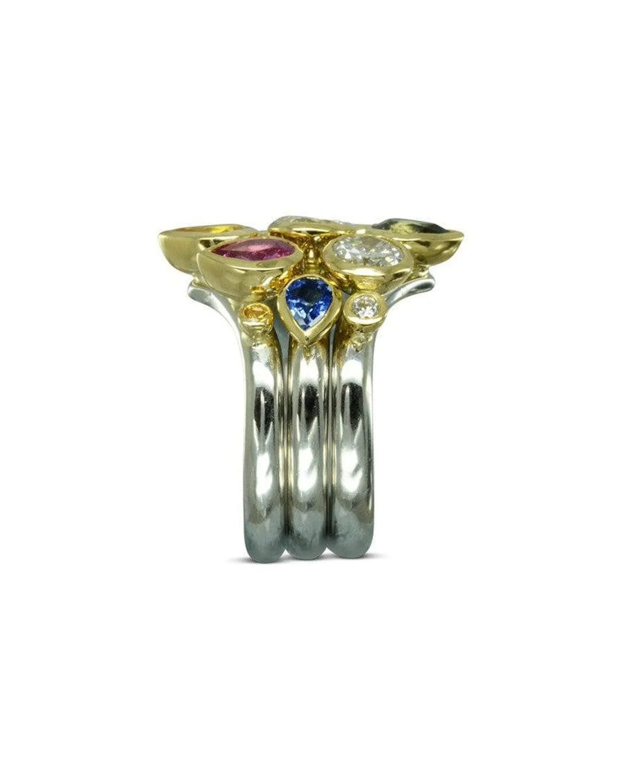 Colourful sapphire stacking ring set in white and yellow gold with mixed gemstones