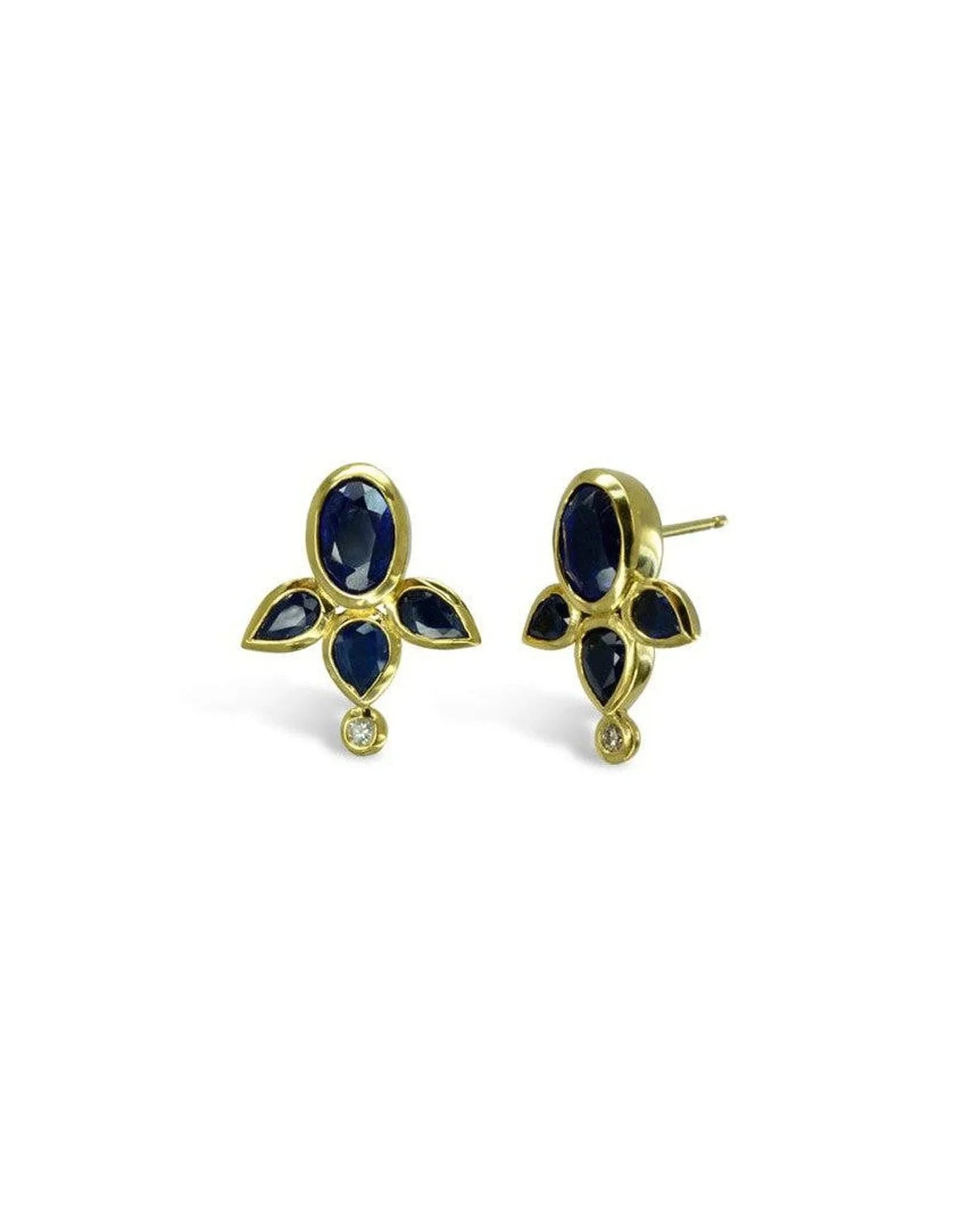 Gold stud earrings with dark blue sapphires and small round diamond accents