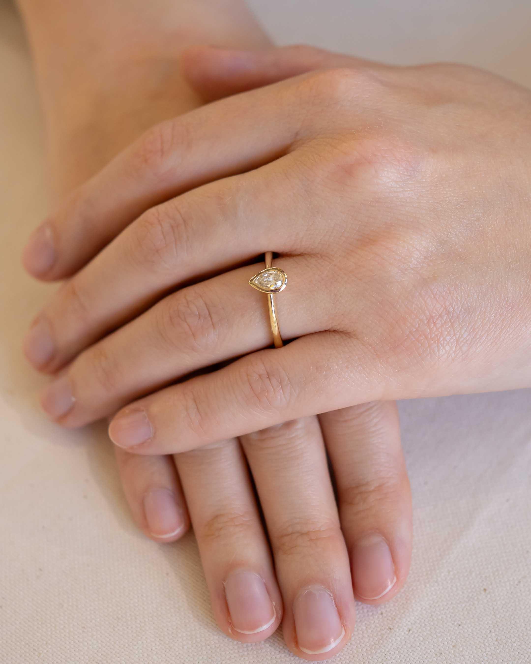 Yellow gold ring with a pear cut diamond bezel setting on a hand.