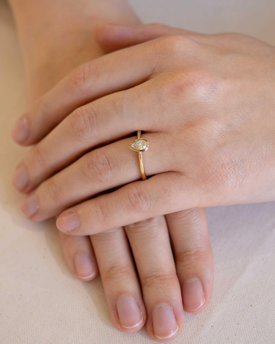 Yellow gold ring with a pear cut diamond bezel setting on a hand.