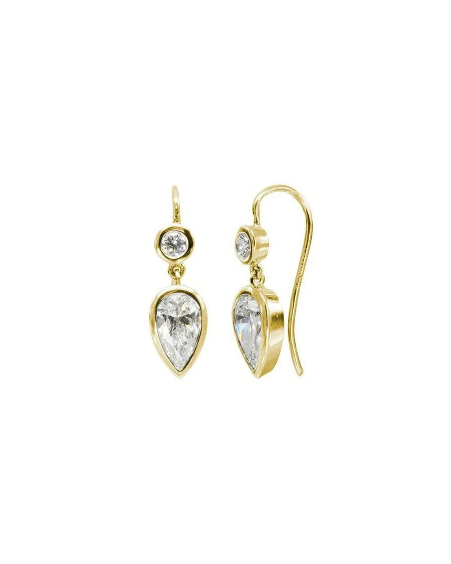 Gold drop earrings with round and pear-shaped diamonds.