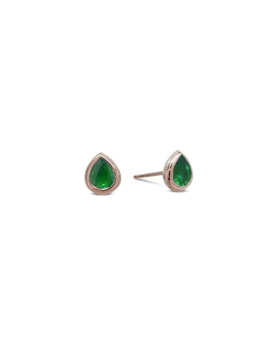 Pear-shaped emerald stud earrings in 9ct gold on white background