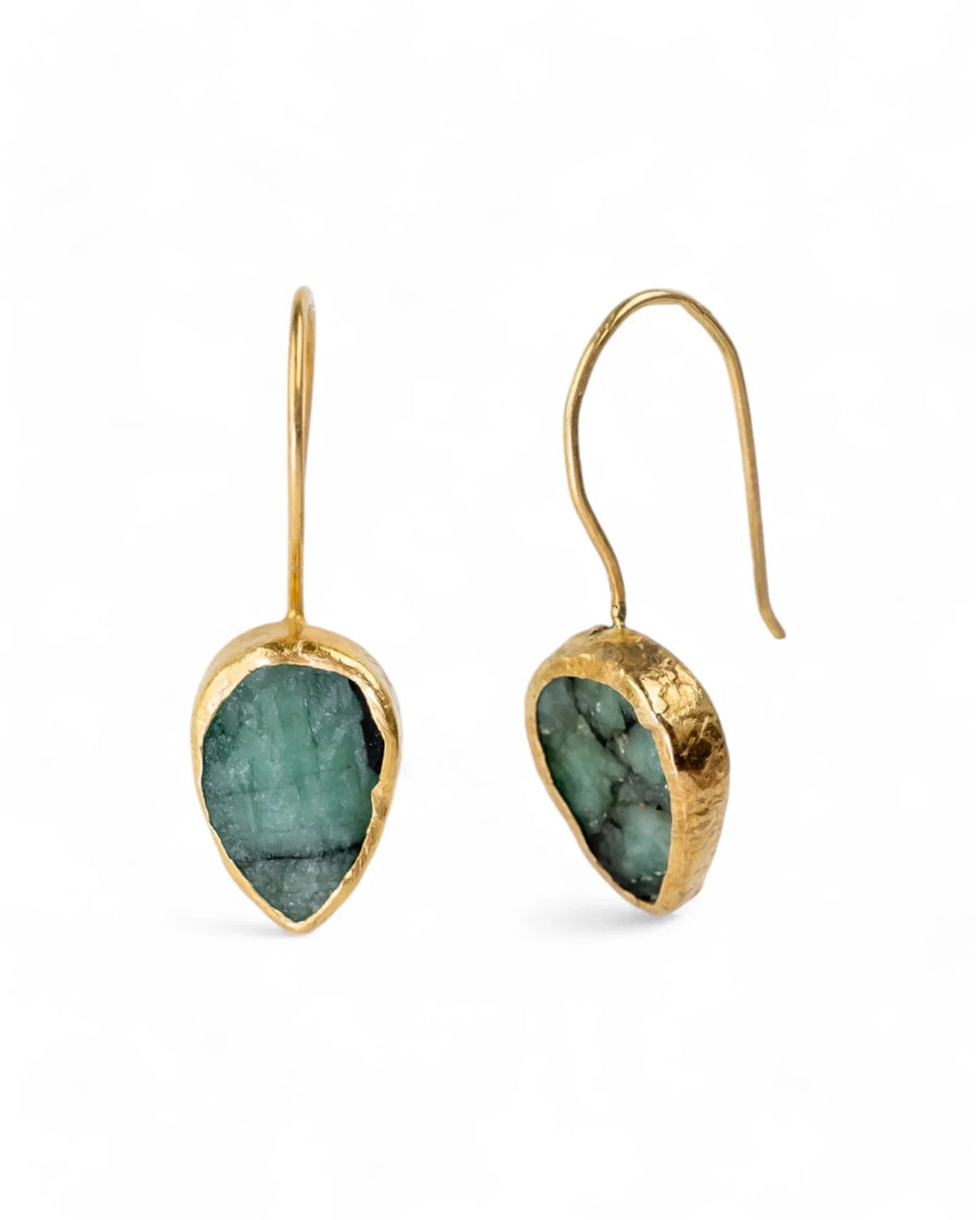 Pear-shaped rough emerald drop earrings in gold with organic, handmade texture