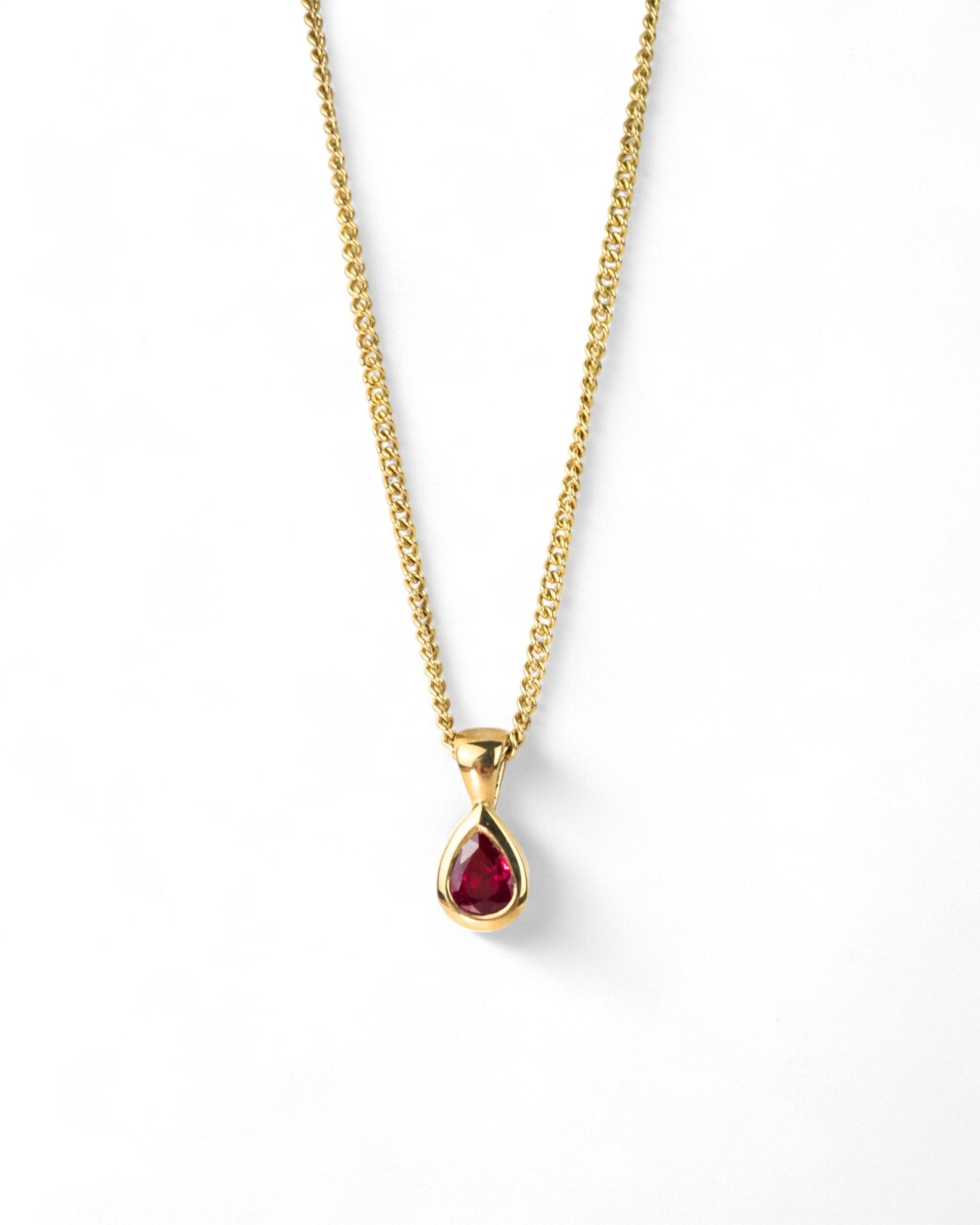 Pear Shaped Solid 9ct Yellow Gold Ruby Pendant Pendant Pruden and Smith