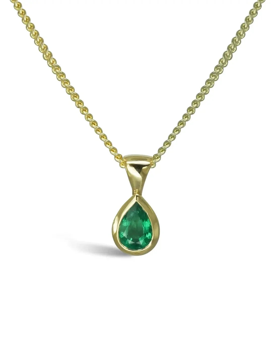 Pear-shaped 9ct gold pendant necklace with green emerald gemstone on gold chain