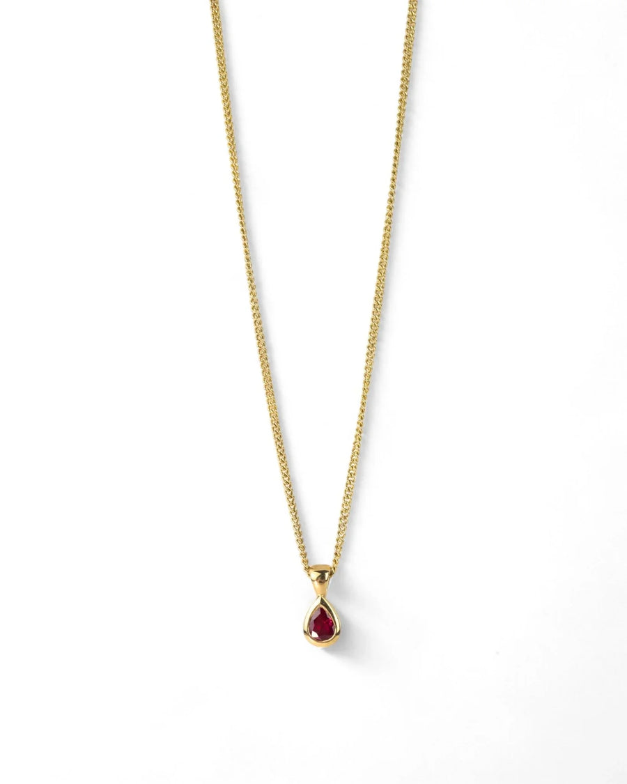 Pear-shaped ruby pendant on solid 9ct yellow gold chain, elegant minimalist jewellery