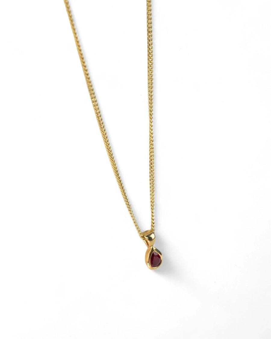 Pear-shaped ruby pendant on solid 9ct yellow gold chain, minimalist design
