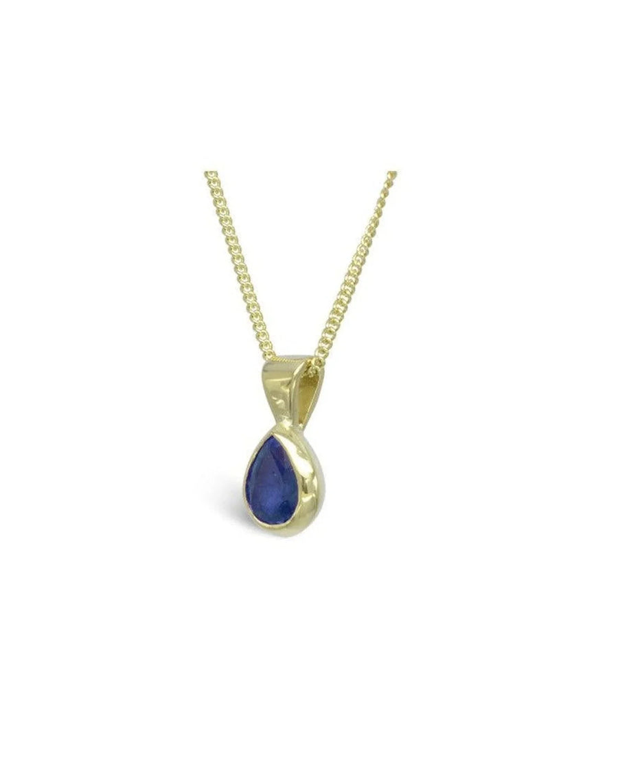 Pear-shaped solid gold pendant with blue sapphire on gold chain