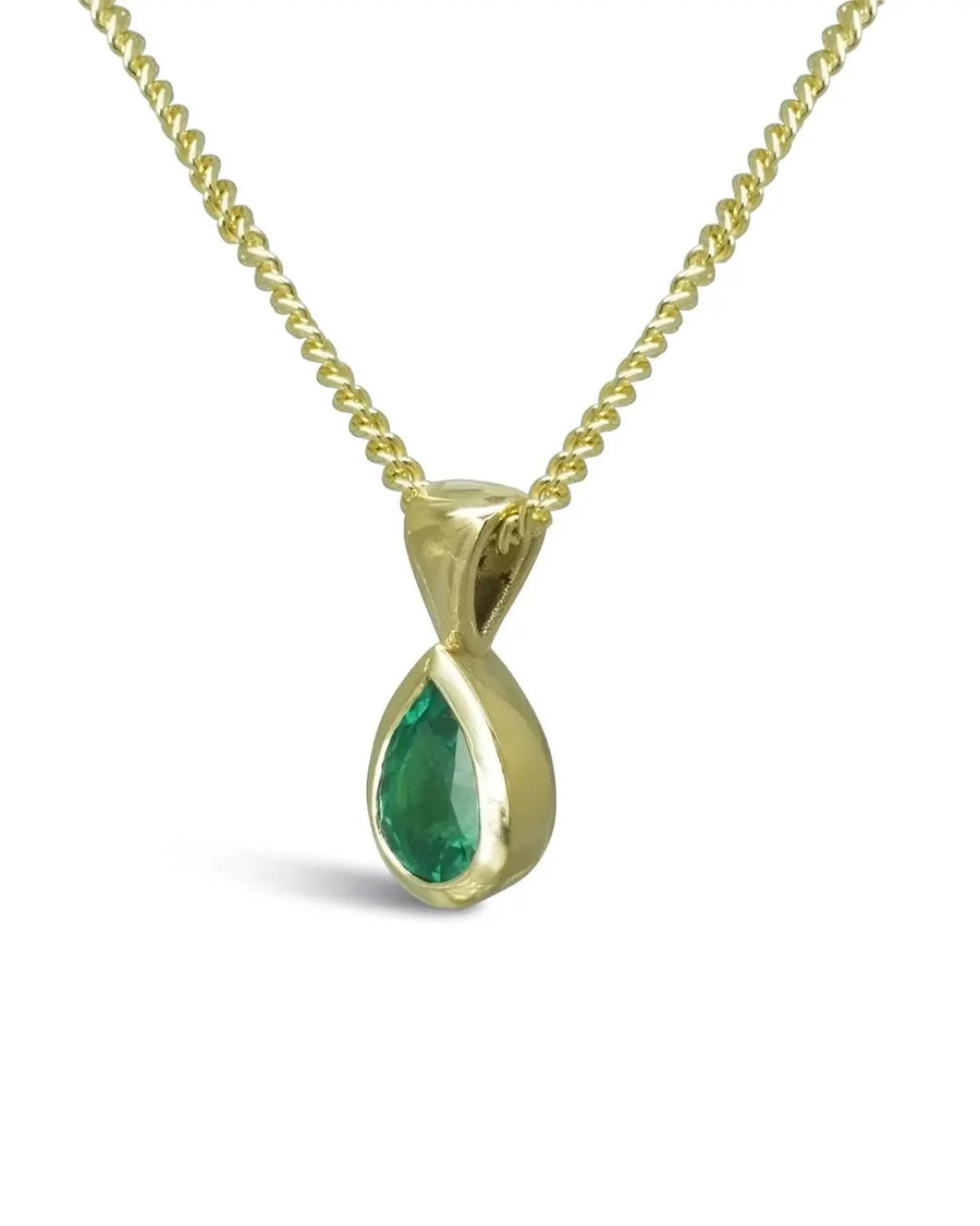 Pear-shaped 9ct gold pendant with green emerald gemstone on a gold chain