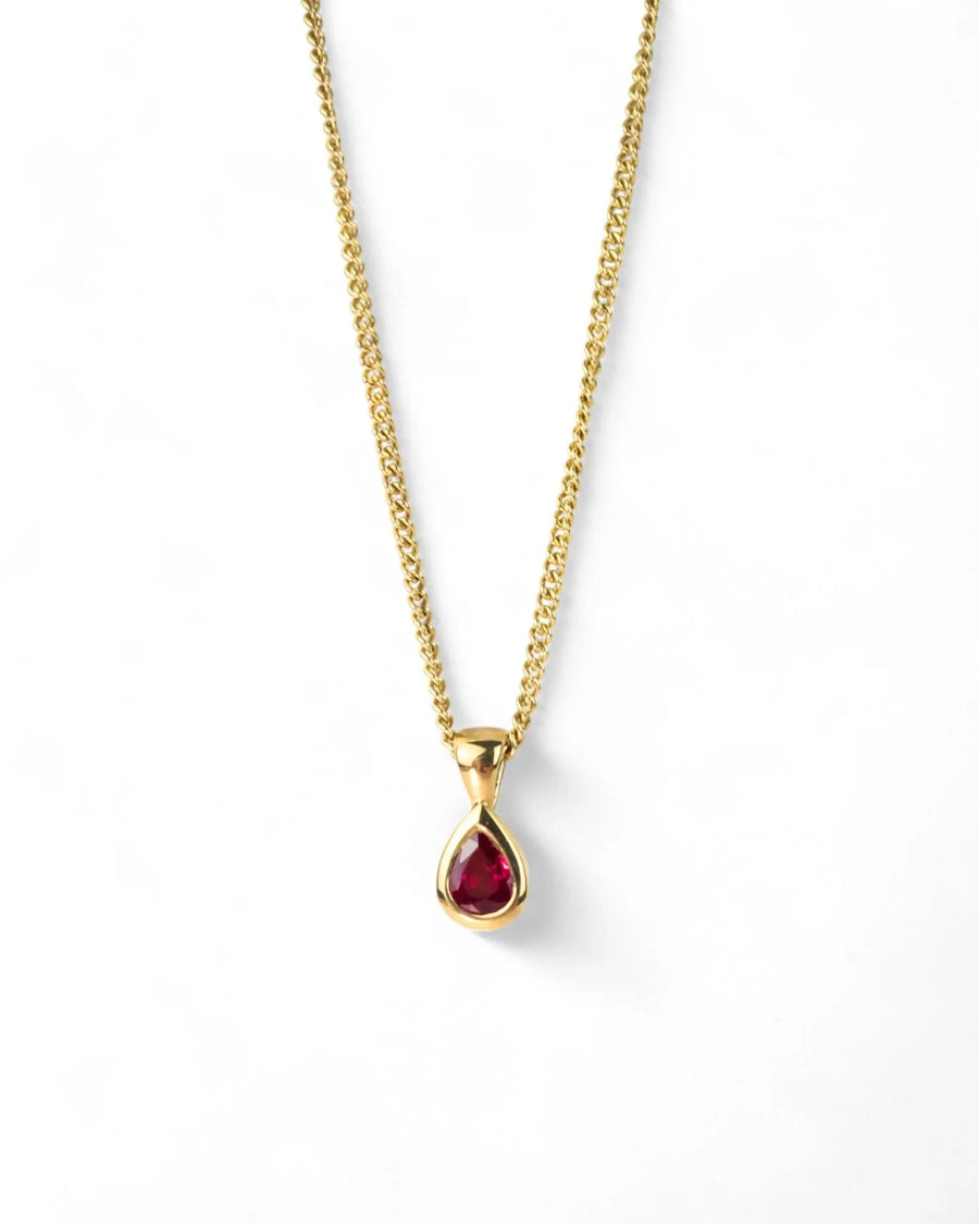 Pear-shaped ruby pendant necklace in solid yellow gold on a chain, elegant jewellery