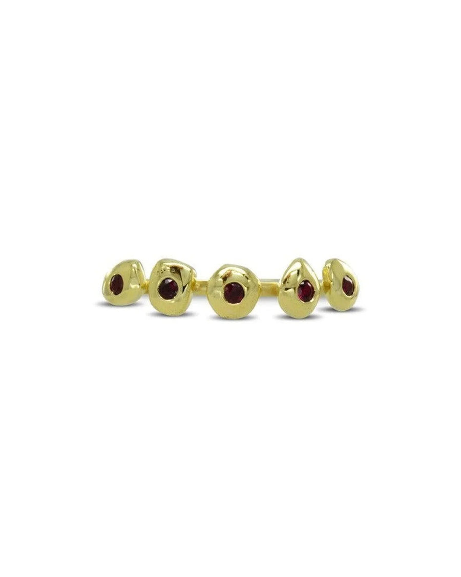 9ct yellow gold ring with five organic pebble-shaped settings and deep red gemstones