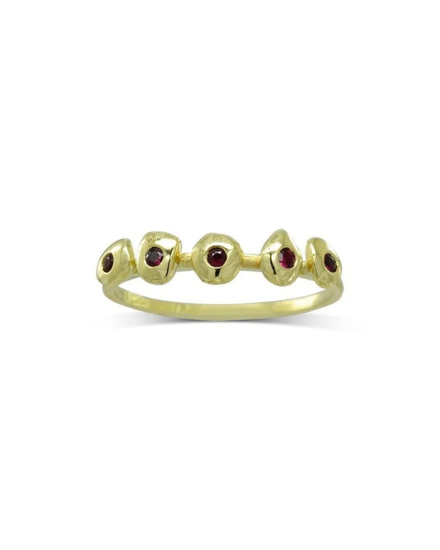 9ct yellow gold ring with organic pebble shapes and small red birthstones