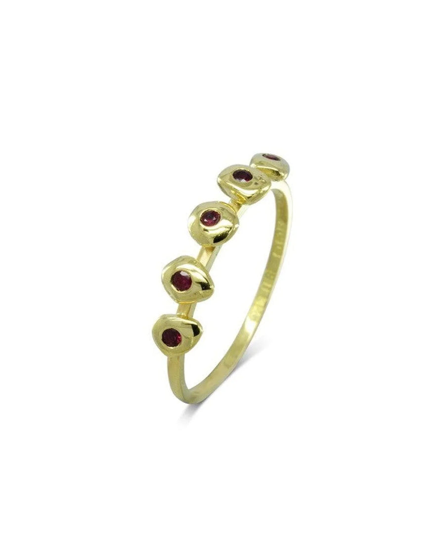 9ct yellow gold ring with five ruby birthstones in organic pebble settings