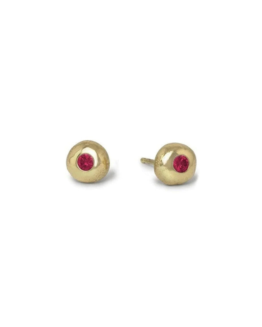 yellow gold nugget stud earrings with round ruby gemstones, organic textured design