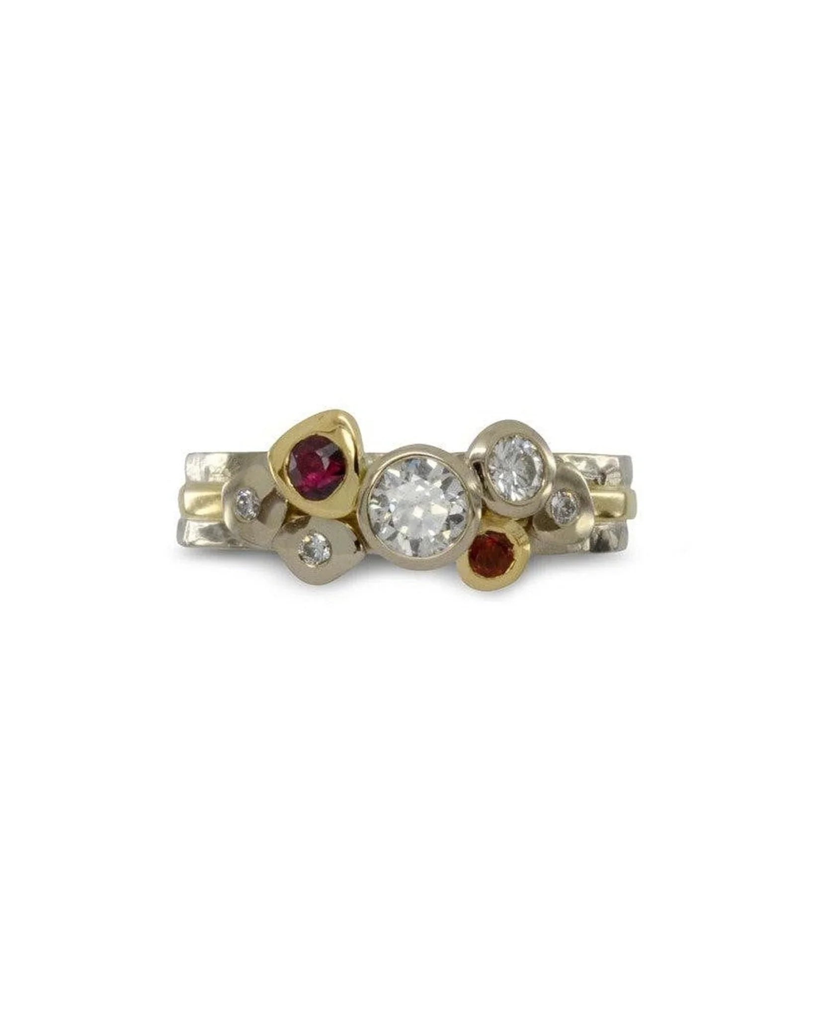 Pebble Gold, Ruby, and Diamond Mixed Metal Stacking Ring Set Ring Pruden and Smith