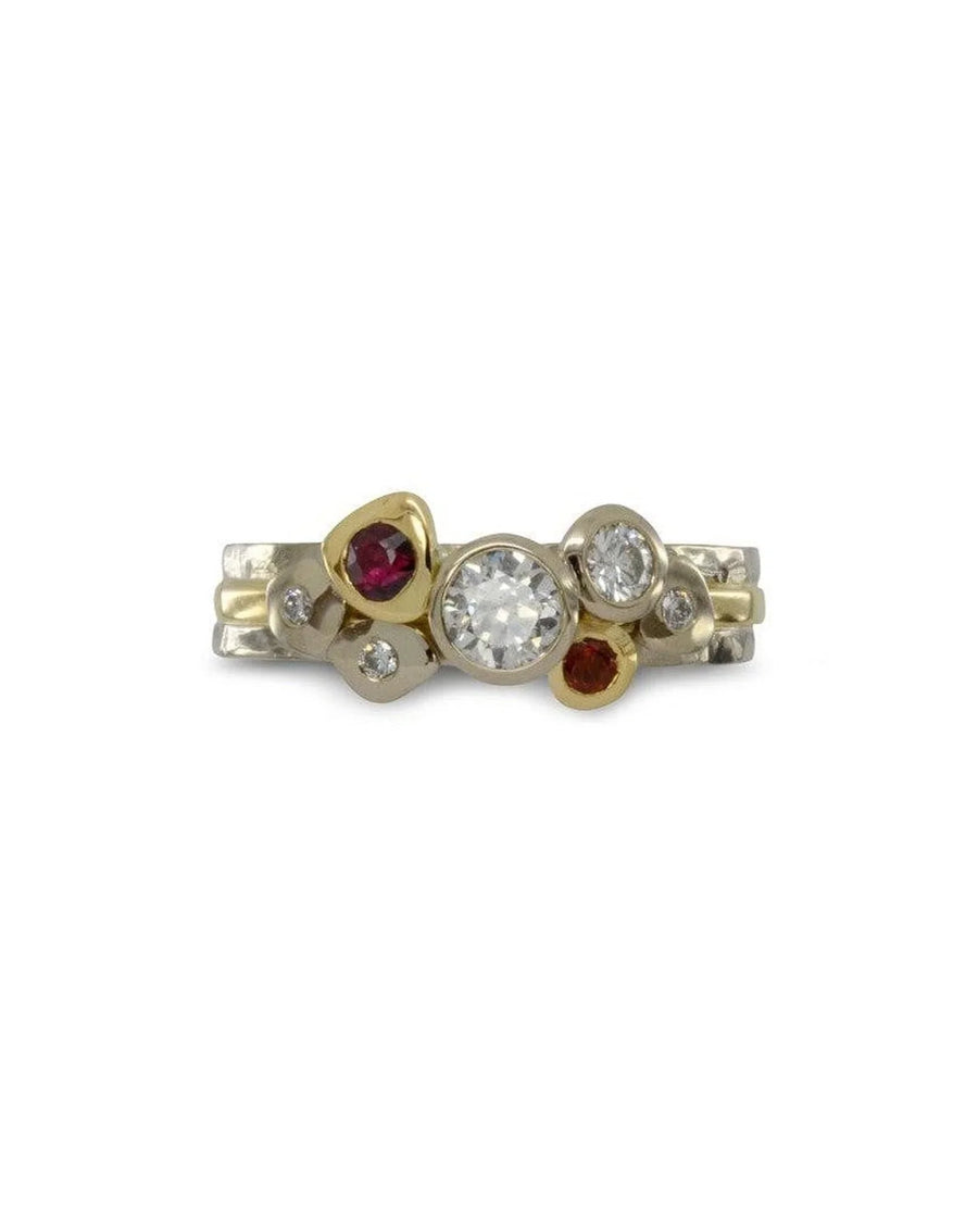 Pebble Gold, Ruby, and Diamond Mixed Metal Stacking Ring Set Ring Pruden and Smith
