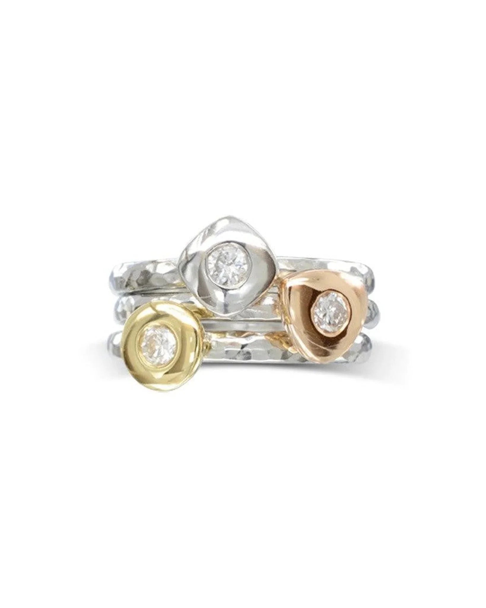 Pebble Hammered Three Colour Gold Diamond Stacking Ring Set Ring Pruden and Smith