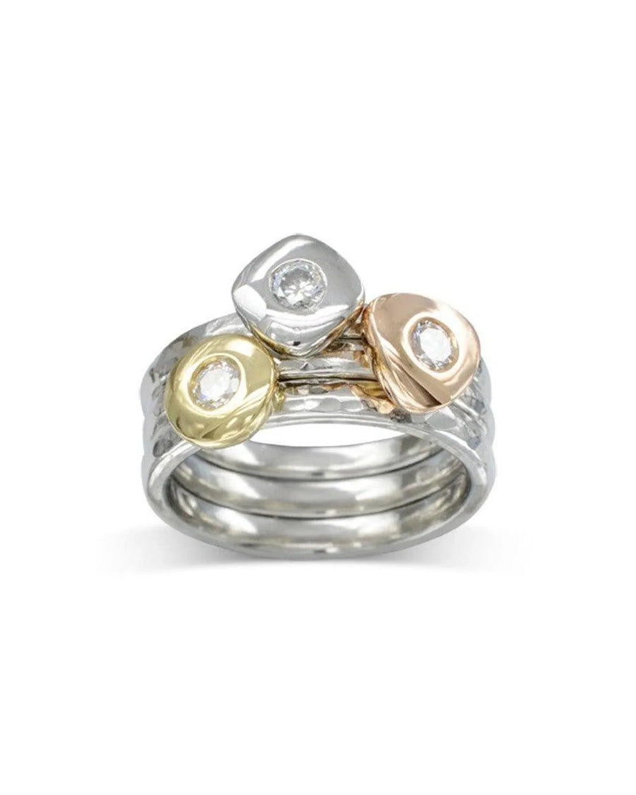 Pebble Hammered Three Colour Gold Diamond Stacking Ring Set Ring Pruden and Smith