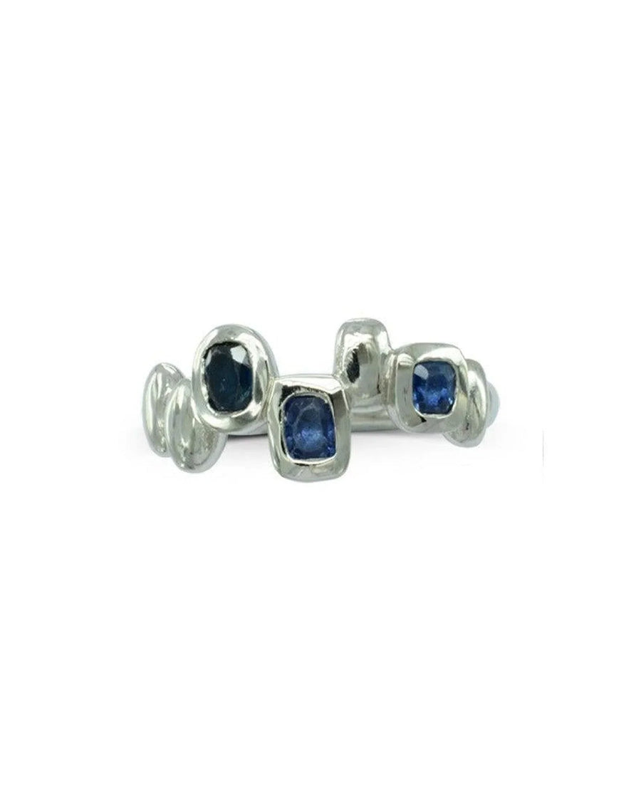 9ct gold half eternity ring with bezel-set blue sapphires and organic shapes